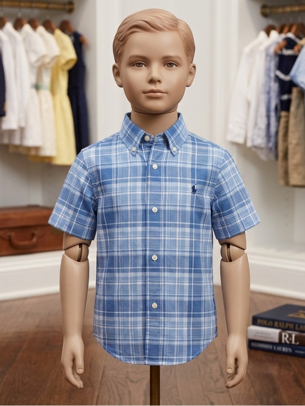 Ralph Lauren Blue & White Plaid short sleeve  Button-Down Shirt- size 3t